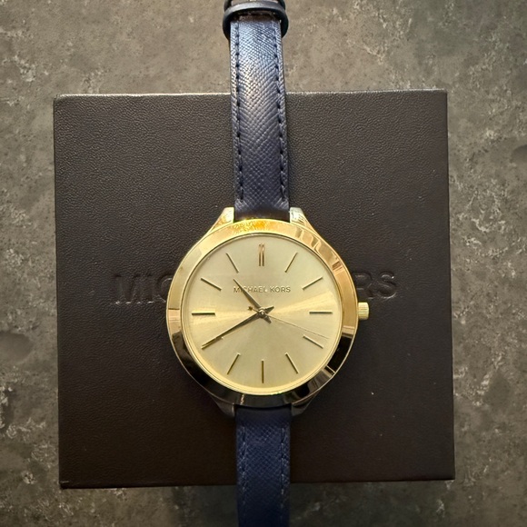 Michael Kors Gold Dial Watch with Slim Navy Blue Leather Strap - Picture 2 of 12